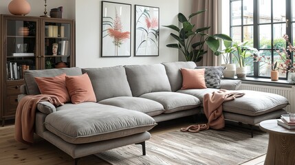   A livable living room features a sectional couch and a coffee table, positioned before a generously sized window adorned with potted plants - obrazy, fototapety, plakaty
