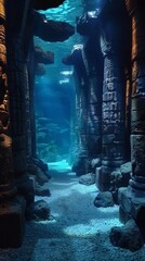 Journey into the depths of the ocean to discover the enigmatic ruins of an ancient underwater city. Lost to time, the city's remnants whisper tales of a forgotten civilization - obrazy, fototapety, plakaty