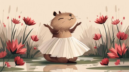   A cat in a white dress stands before a red-flowered pond, in which it mirrors itself