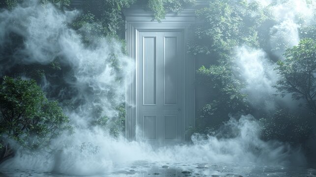   A door in the heart of the forest emits smoke and generates fog