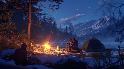 A group of buddies are camping and keeping warm by a cozy fire.