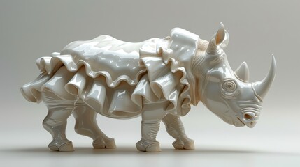   A sculpture of a rhinoceros is displayed on a white background - obrazy, fototapety, plakaty