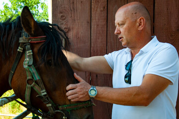 Man with horse in stable at countryside ranch. Man horse rider in summer outdoor. Equestrian and...