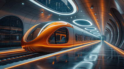Futuristic train in an illuminated underground station with orange and blue lighting.