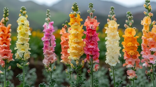   A row of colorful flowers in a field, backed by mountains