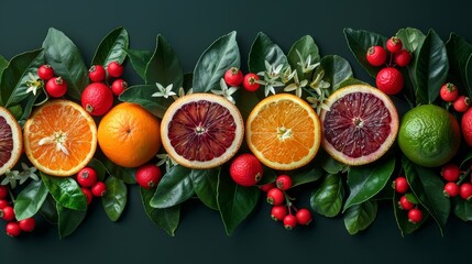   A collection of oranges, grapefruits, limes, and cranberries encircled by leaves and berries