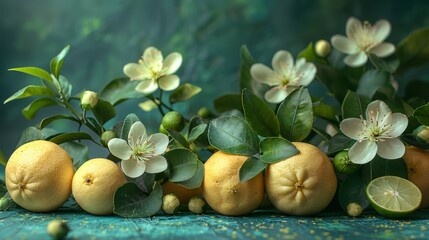   A collection of lemons atop a table, accompanied by an adjacent bunch with leaves and flowers
