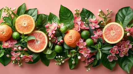   A collection of grapefruits, limes, and oranges with accompanying leaves and blooms against a pink backdrop