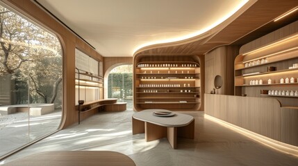 Spacious reception of modern homeopathy clinic. Wooden aesthetic and bright lighting for soothing atmosphere. Minimalist design. Concept of forward-thinking natural medicine organic design elements