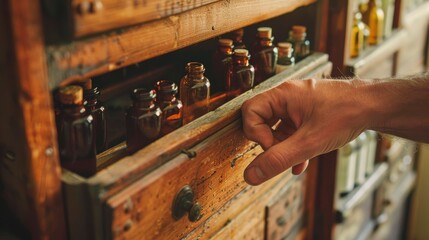 Homeopathic doctor's hand selecting a homeopathic remedy from a vintage wooden cabinet filled with neatly organized remedy bottles. Concept of Homeopathy, alternative medicine, natural healthcare
