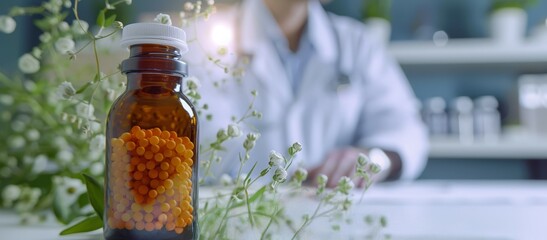 Bottle of homeopathic medicine pellets with a blurred doctor Homeopath in the background. Homeopathic globules. Concept of Homeopathy treatment, alternative medicine, organic apothecary, naturopathy.