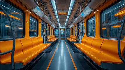 Interior of a subway train with orange seats and blue walls.