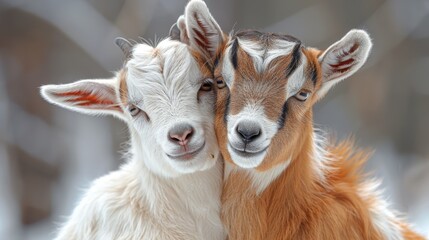   Two goats standing side by side atop a snowy terrain with trees behind them