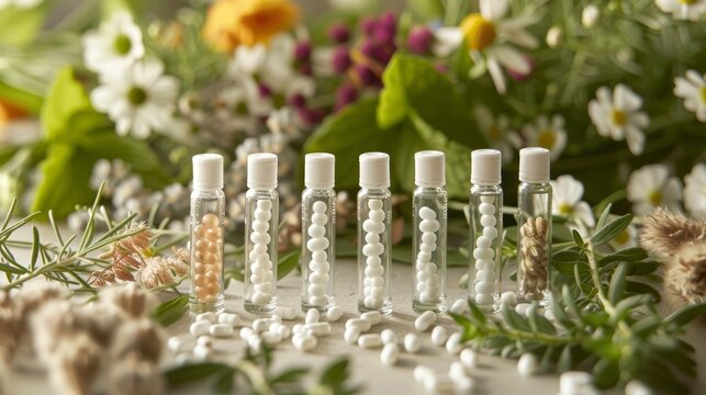 Glass bottles with white homeopathic pills on a background of fresh herbs and flowers. Concept of alternative medicine, organic apothecary, herbal extracts, homeopathy, naturopathy.