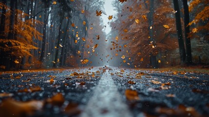   A forest road dotted with trees shedding autumn leaves - obrazy, fototapety, plakaty