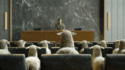 Man in Front of Sheep Facing Leadership Panel - obrazy, fototapety, plakaty