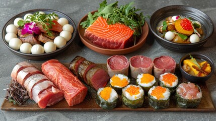   A diverse selection of sushi and sashimi on a wooden platter, featuring an array of meats and vegetables