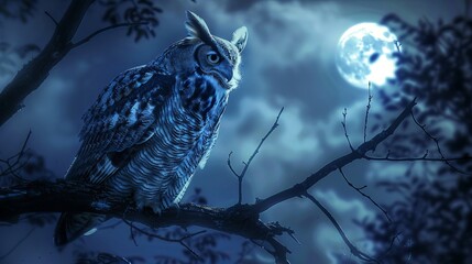Majestic owl perched on a branch under the full moon. Nocturnal bird of prey in a mystical night setting. Concept of nature's sentinel, mysterious night life, and wilderness.
