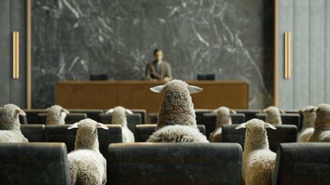 Man in Front of Sheep Facing Leadership Panel