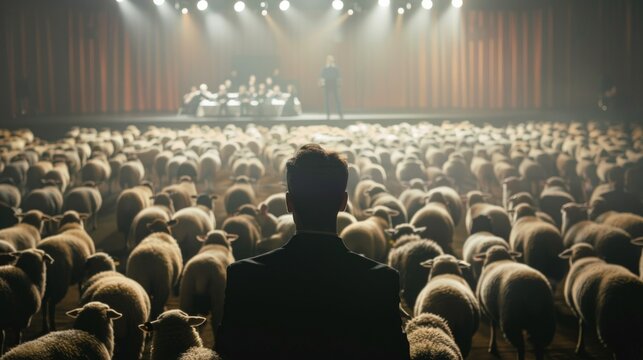 Man Facing Sheep Crowd in Auditorium: Populism Metaphor