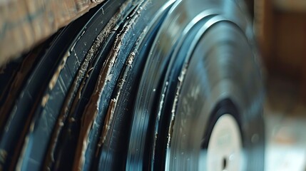 Macro shot of a stack of old vinyl records with visible grooves and dust. Music and nostalgia...
