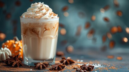   A tight shot of a coffee cup, brimmed with whipped cream and a star anise atop the table The surrounding area subtly blurs