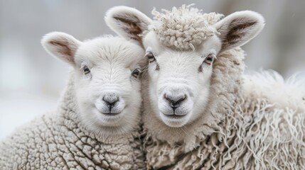   Two sheep face the camera in a snow-covered field One gazes directly, while the other looks away