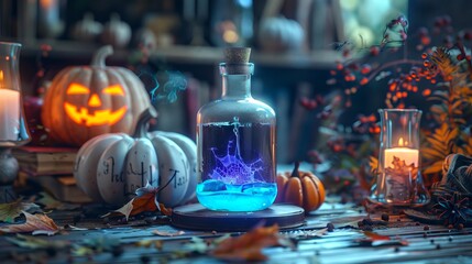 Halloween themed still life with glowing purple potion bottle. Festive carved pumpkin and lit candle decoration. Concept of Halloween celebration, spooky decor, magical potions. Digital Art - obrazy, fototapety, plakaty