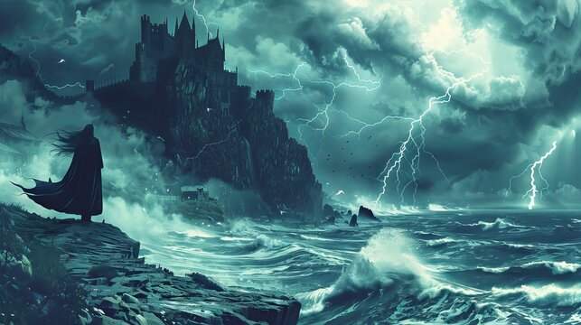 Lightning illuminates gothic castle by stormy seas with mysterious figure. Cliffside fortress and figure against tempest backdrop. Concept of suspense, gothic architecture, power of nature, mystical
