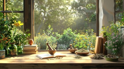 Fototapeta na wymiar Herbalist's study space with sunlight streaming through a window. A mortar and pestle among dried herbs on a wooden desk. Concept of herbal medicine, botanical studies, homeopathy, and natural healing