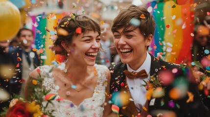 Obraz na płótnie Canvas A lgbtq couple wedding ceremony in pride theme filled with love and happiness, love wins, pride month