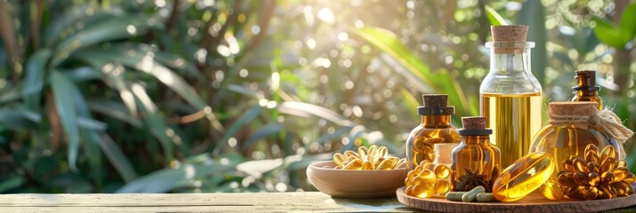Variety of essential oils with supplements in natural light. Amber bottles and capsules on wooden tray. Concept of natural health supplements, botanical oils, and holistic wellness. Banner. Copy space