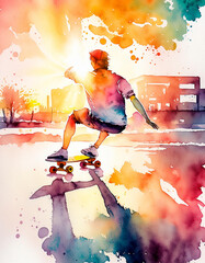 A vibrant watercolor of a skater at sunset, with expressive urban splashes