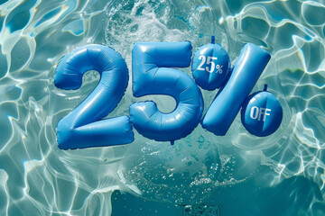 Summer sale 25 percent discount. Overhead view of a swimming pool with inflatable pool floats - 784004535