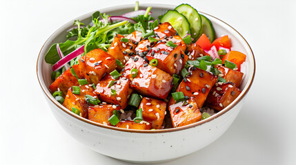 Delicious Vegetarian Poke with Tofu on a White Background