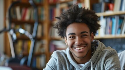 Smiling Young Man Surrounded by Tools for Personal Growth