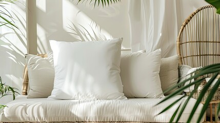 White Pillow mockup in an elegant, light modern living room, - 784004960