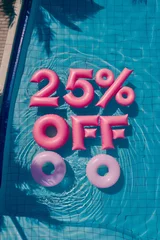 Deurstickers Summer sale 25 percent discount. Overhead view of a swimming pool with inflatable pool floats © ink drop