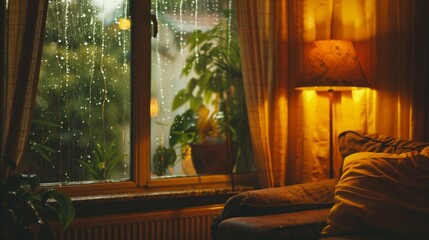 Fototapeta premium Cozy Room with Rainy Window: Relaxing Ambiance
