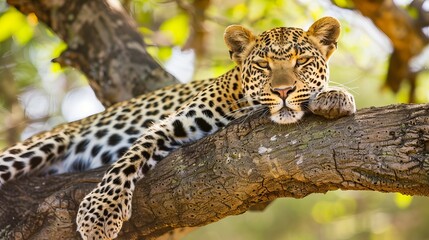 A leopard rests on a tree branch in Kruger Park, South Africa. The leopard's vertical posture allows it to survey its surroundings.