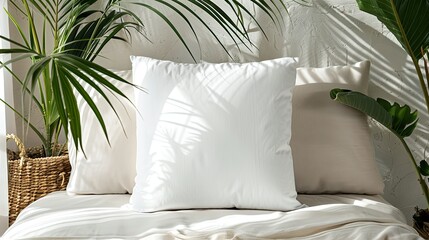 White Pillow mockup in an elegant, light modern living room,