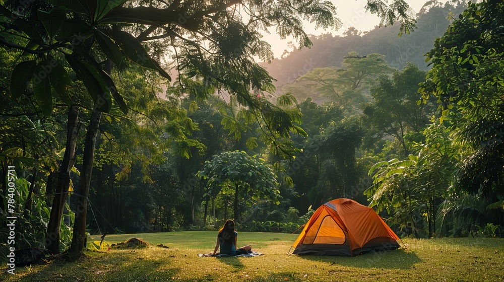 Wall mural a lone asian woman enjoys nature's beauty while camping solo in a tranquil thai park. her travel adv