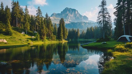 A magazine shows a picture of a mountain in a forest. A green meadow and a camp tent are next to a lake. It's like it's a 3D picture. Travel and camping are the main ideas.