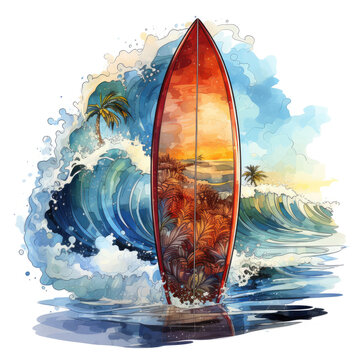 red surfboard in ocean waves clip art preview