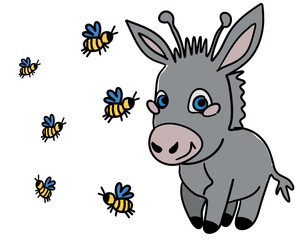 Obraz na płótnie Canvas Cute vector illustration for children: adorable kawaii donkey and friendly bees