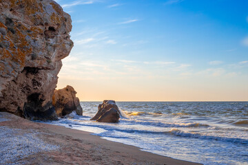 Seascape. Stone cliffs on the seashore. Crimean bays.