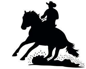 Black and white vector flat illustration: Barrel racing western horse and rider silhouette