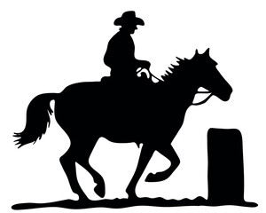 Black and white vector flat illustration: Barrel racing western horse and rider silhouette