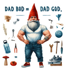 Father's Day Gnome. Father's Day. Watercolor style. Phrases to express love to father on Father's Day, white background