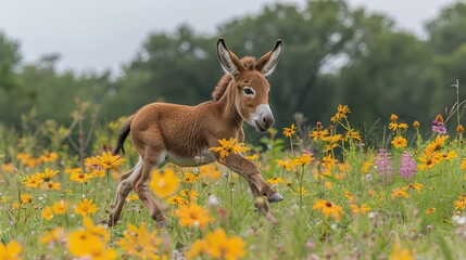   A baby donkey  frolics in a field filled with wildflowers and daisies, framed by trees in the background